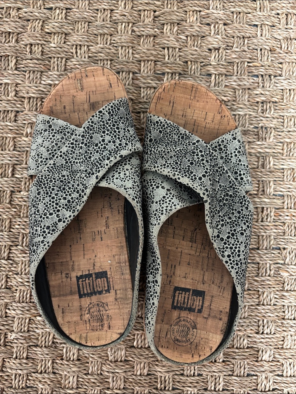 FitFlop Kye Cork Black Gray Cirque Leather Slide Sandals Women’s Size 9